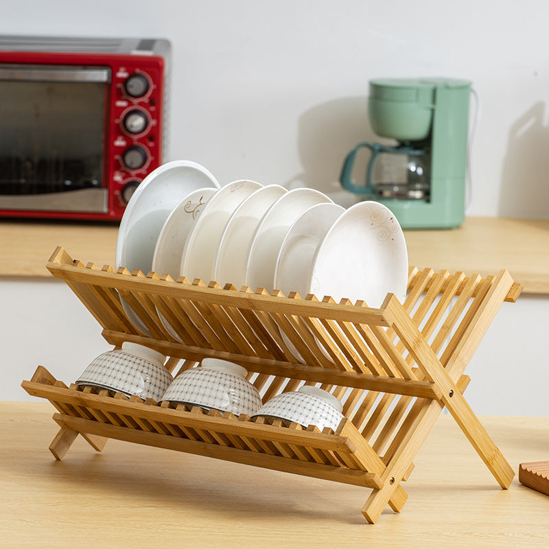 Dish Drying Rack - Collapsible 2-Tier Bamboo Dish Rack for Kitchen Counter