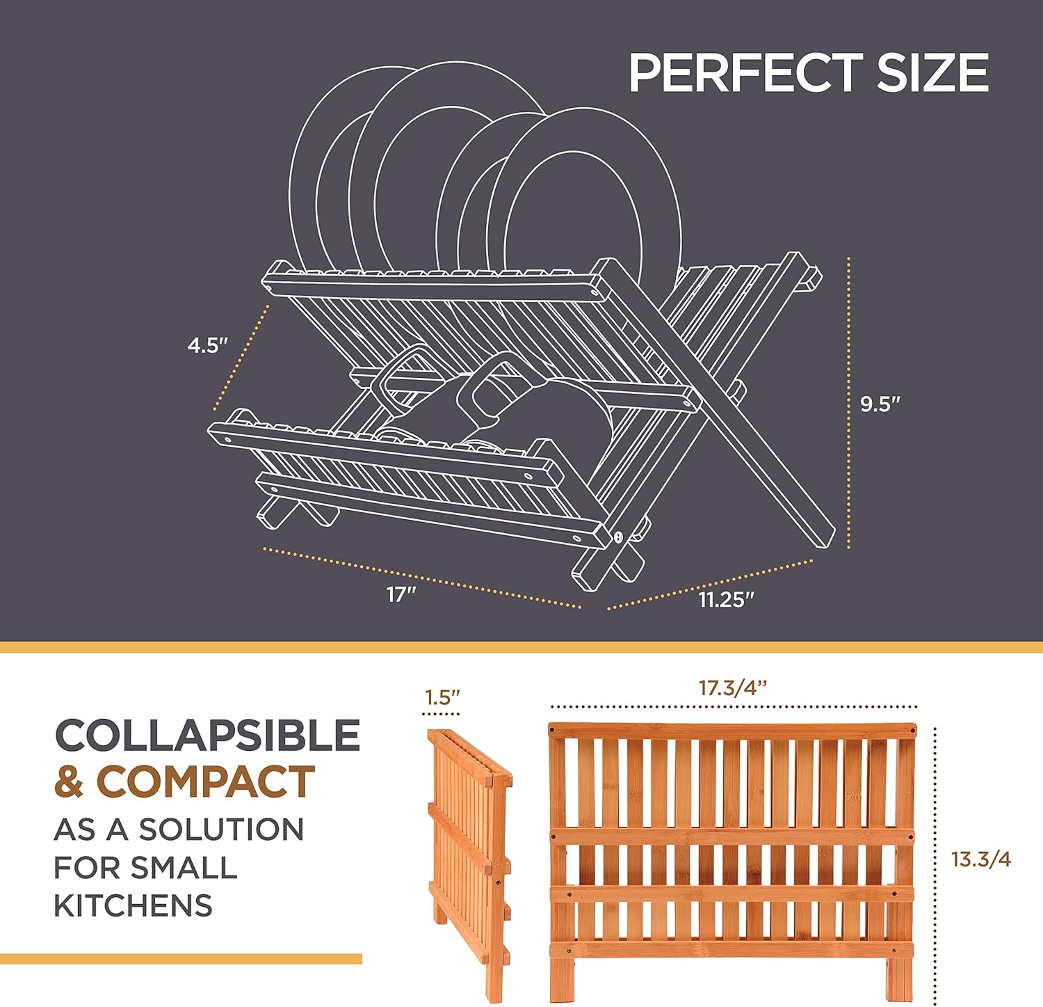 Dish Drying Rack - Collapsible 2-Tier Bamboo Dish Rack for Kitchen Counter