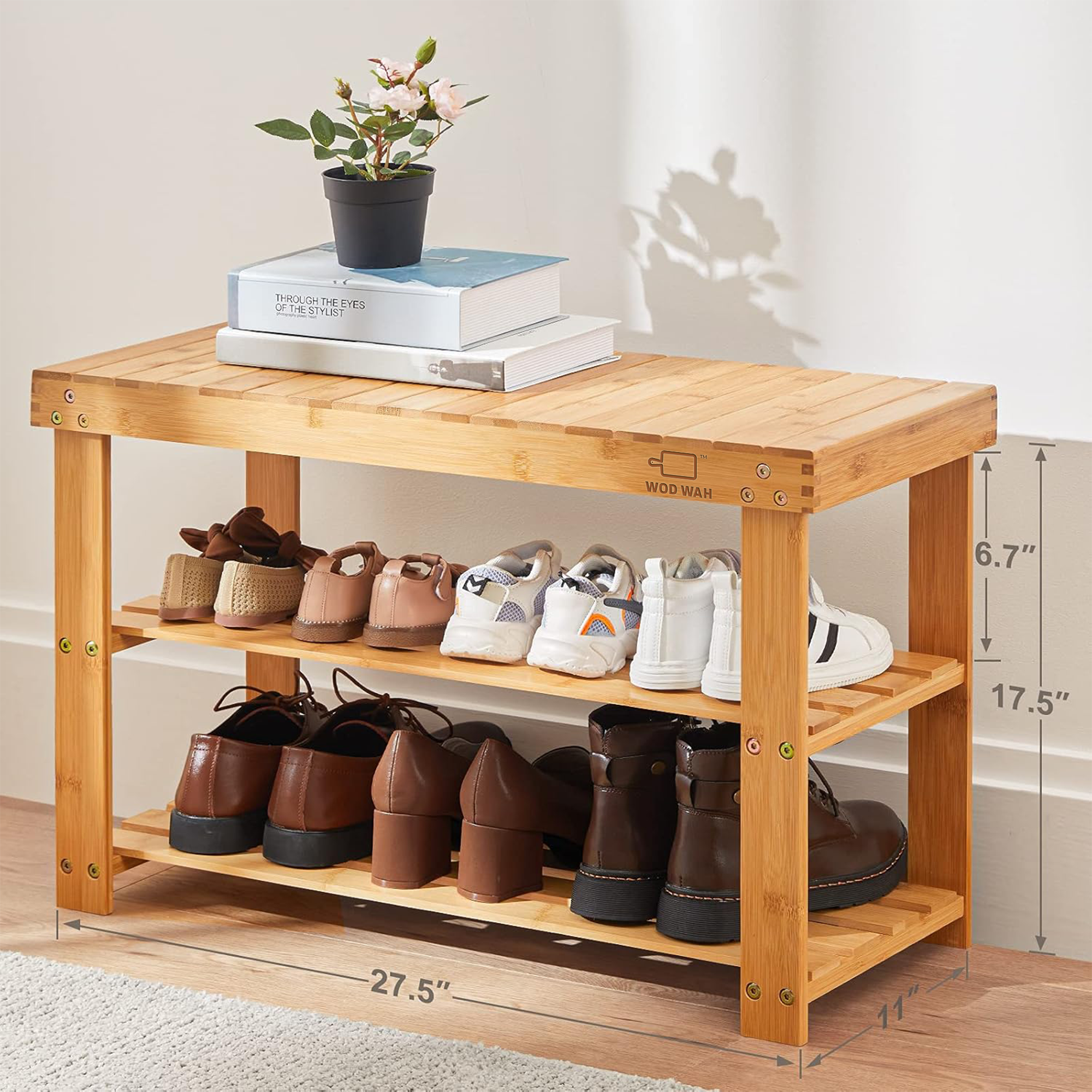 3 Tier Bamboo Shoe Rack Bench - Sturdy Organizer Holds up to 300lbs for Entryway, Bedroom, Living Room, Balcony