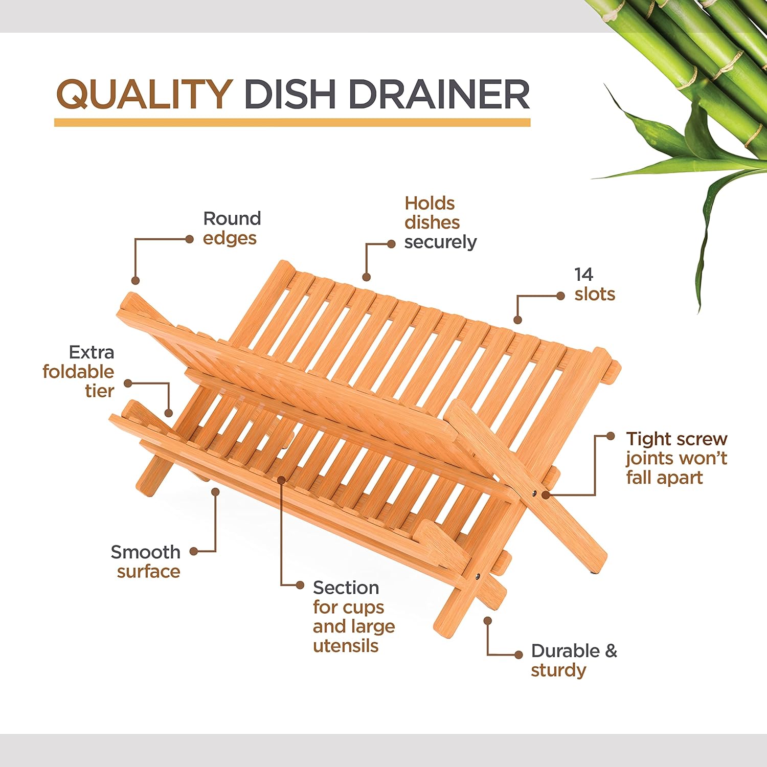 Dish Drying Rack - Collapsible 2-Tier Bamboo Dish Rack for Kitchen Counter