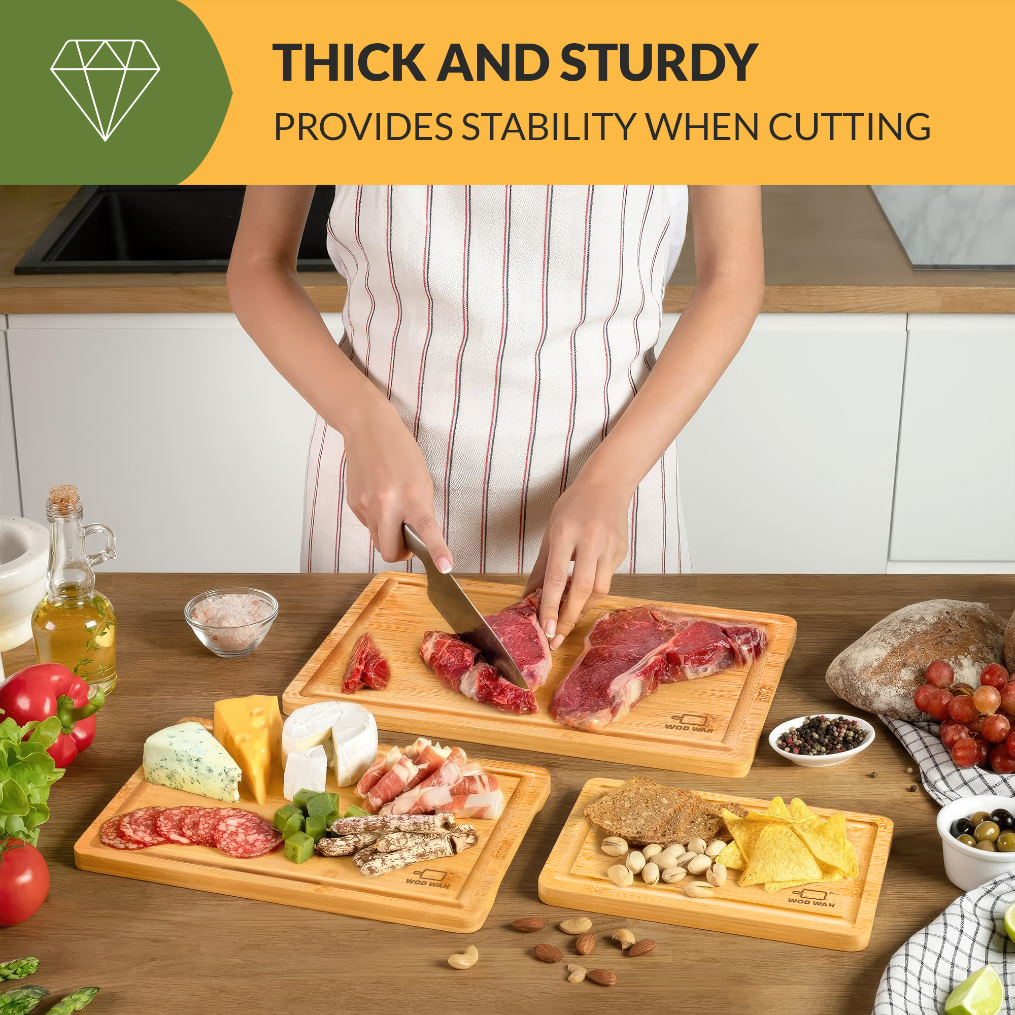 3-Piece Premium Bamboo Cutting Boards for Meat, Vegetables and Cheese