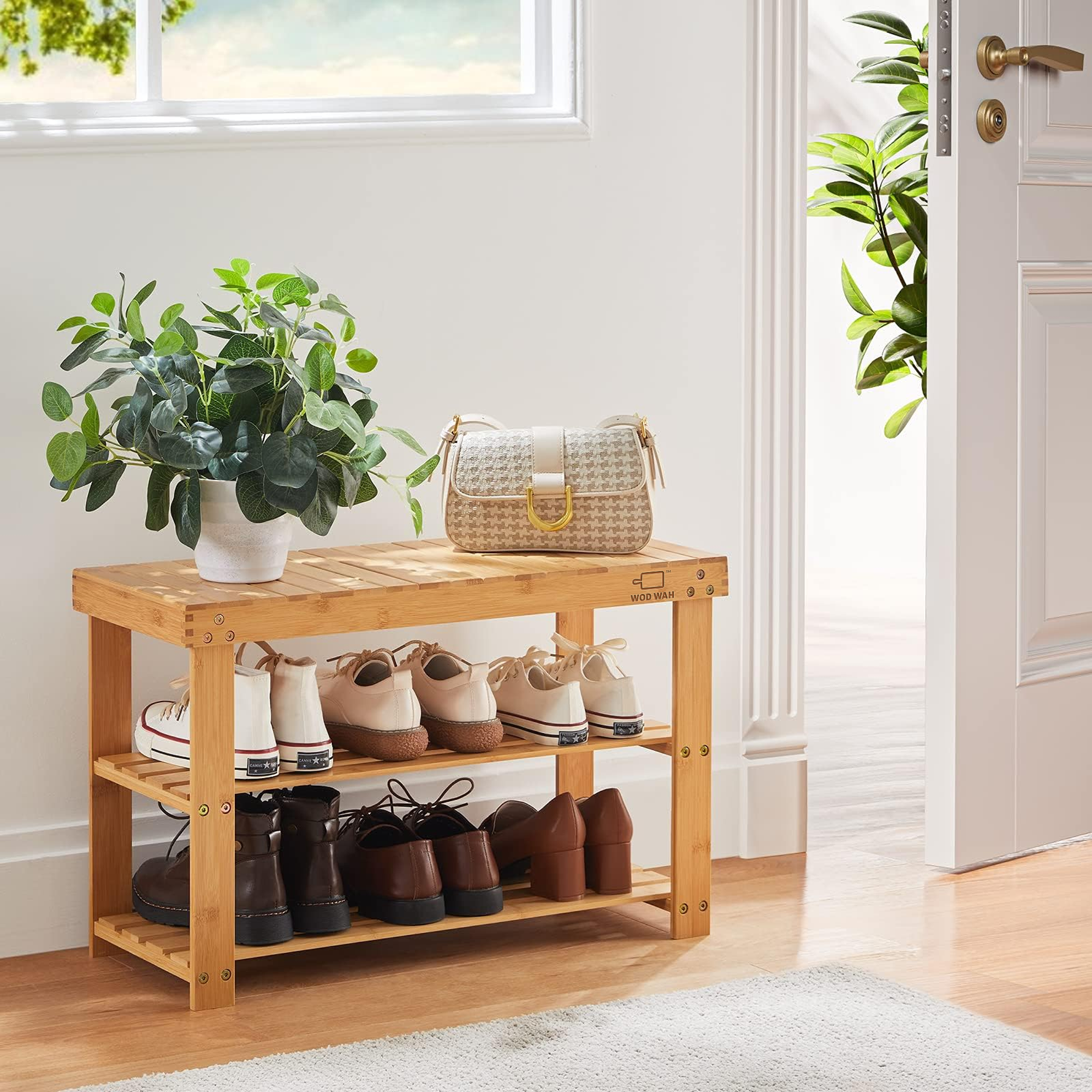 3 Tier Bamboo Shoe Rack Bench - Sturdy Organizer Holds up to 300lbs for Entryway, Bedroom, Living Room, Balcony