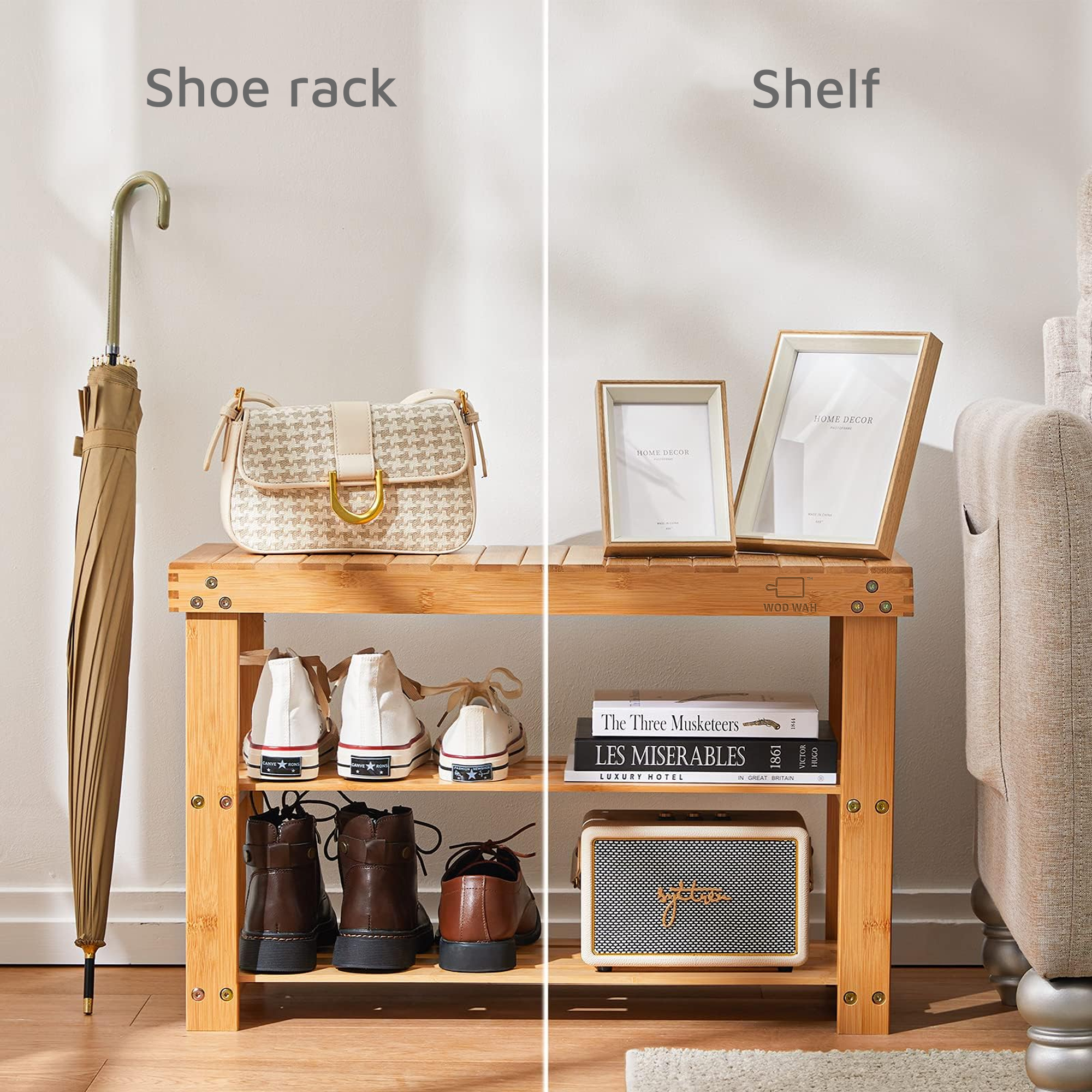 3 Tier Bamboo Shoe Rack Bench - Sturdy Organizer Holds up to 300lbs for Entryway, Bedroom, Living Room, Balcony