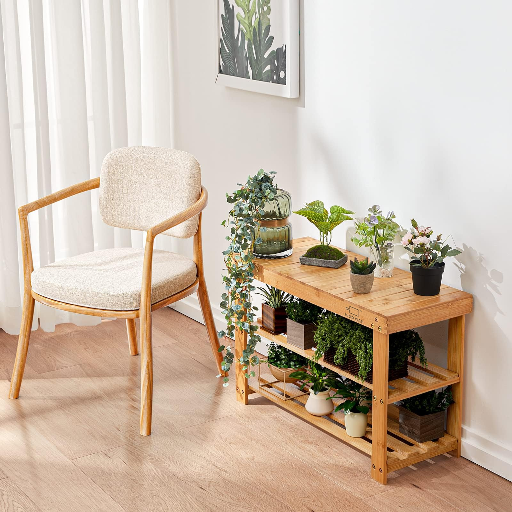 3 Tier Bamboo Shoe Rack Bench - Sturdy Organizer Holds up to 300lbs for Entryway, Bedroom, Living Room, Balcony