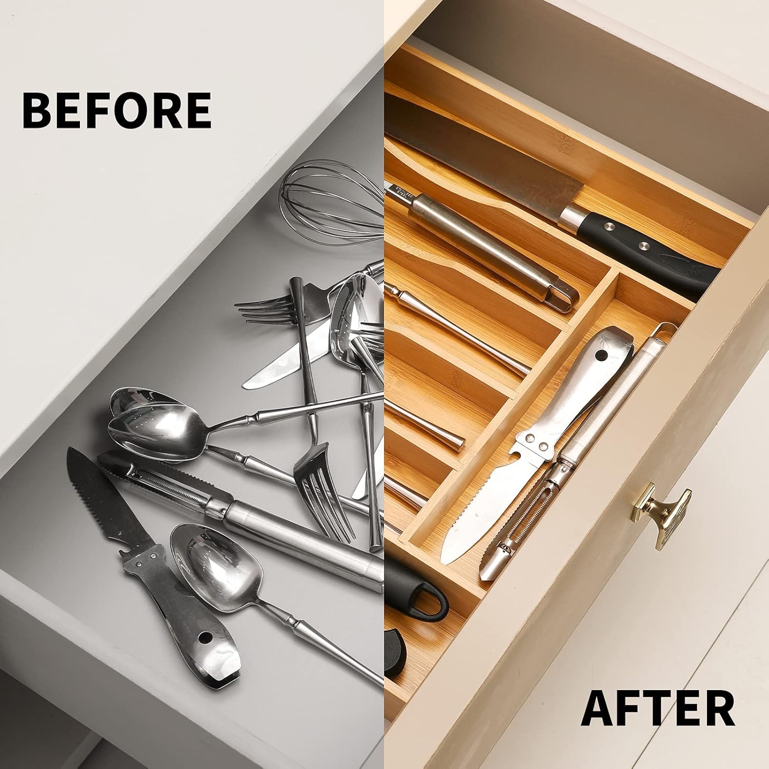 Bamboo Kitchen Drawer Organizer – Expandable Cutlery and Utensil Tray