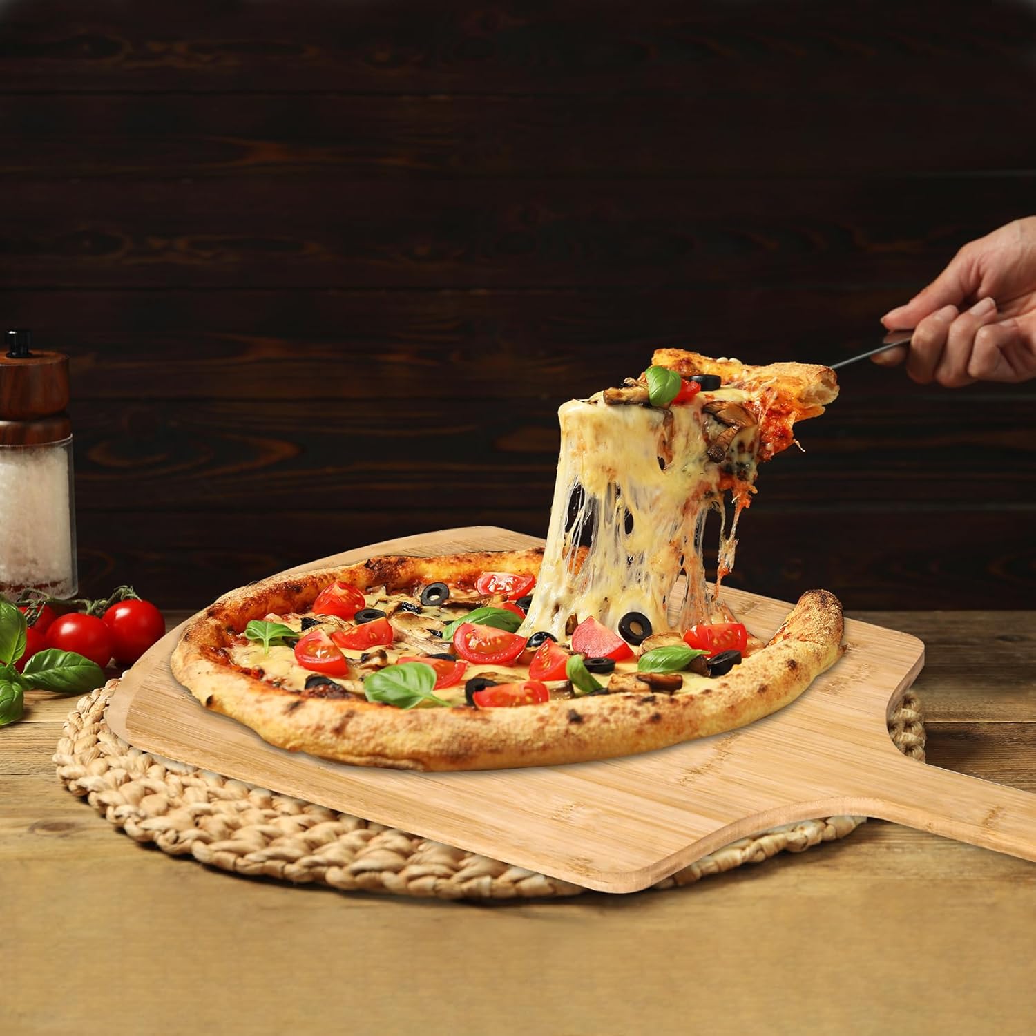 Bamboo Pizza Peel Pizza Spatula Paddle, and Serving Board with Size and Cutting Guide