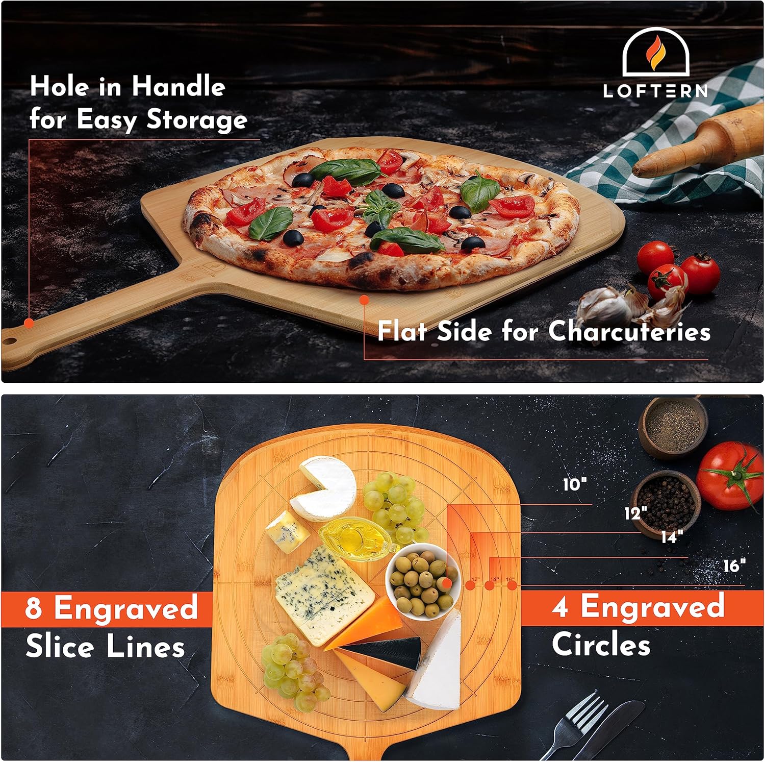Bamboo Pizza Peel Pizza Spatula Paddle, and Serving Board with Size and Cutting Guide