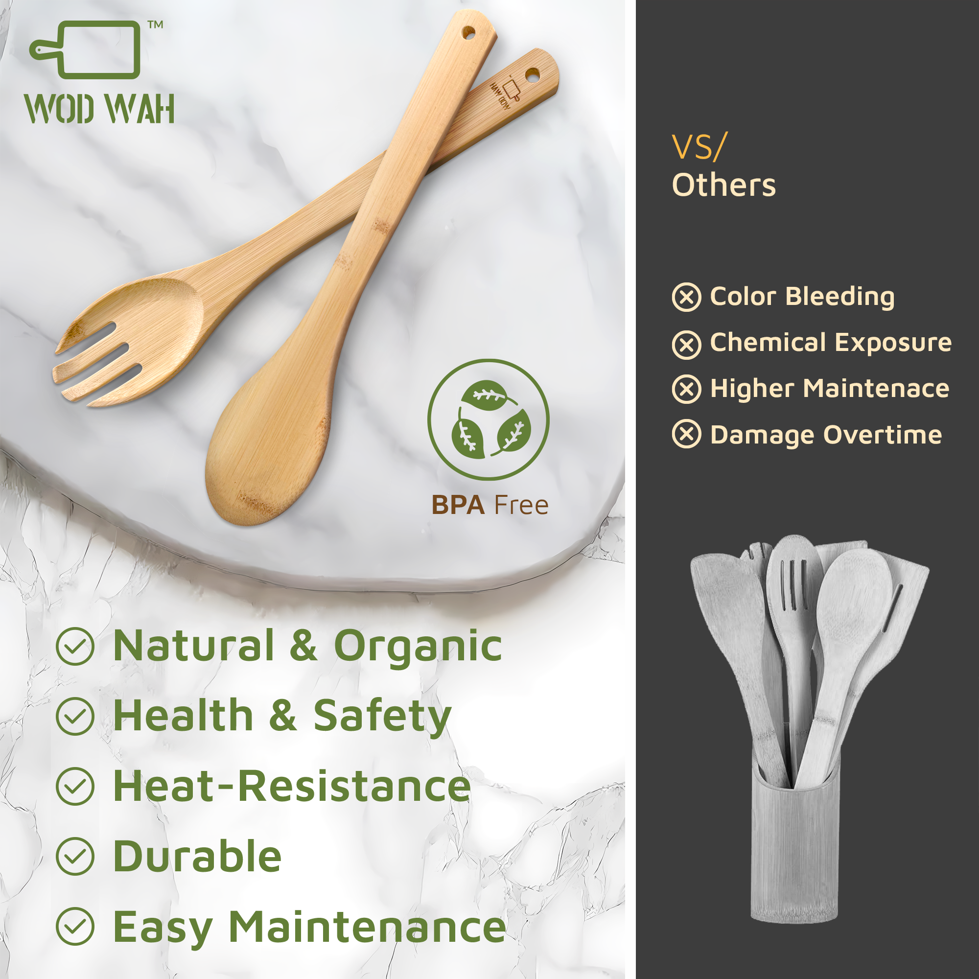WODWAH Bamboo Utensils 6-Piece Set - Friendly Bamboo Cooking Utensils for Kitchen Starters