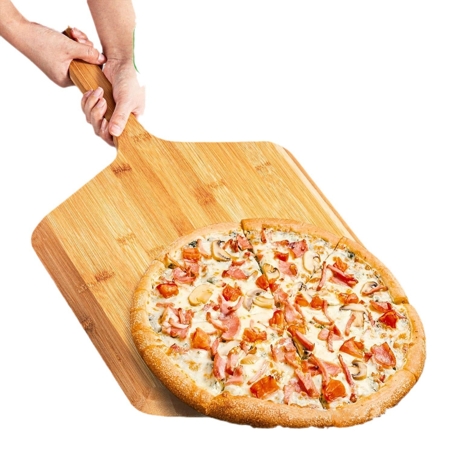 Bamboo Pizza Peel Pizza Spatula Paddle, and Serving Board with Size and Cutting Guide