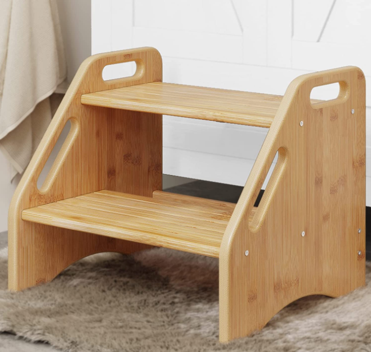 Bamboo Two-Step Stool for Kids – Dual Height Toddler Stool with Handles
