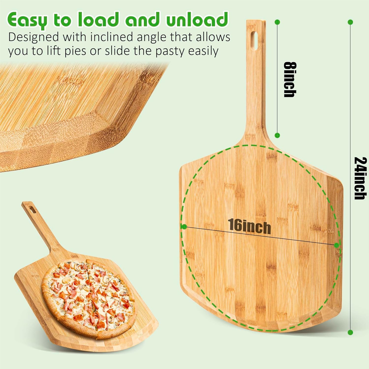 Bamboo Pizza Peel Pizza Spatula Paddle, and Serving Board with Size and Cutting Guide