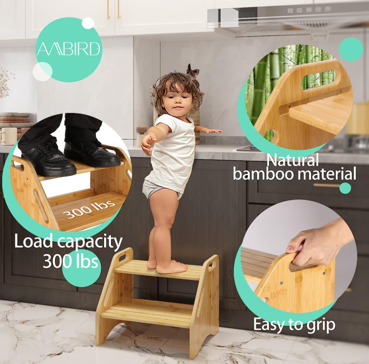 Bamboo Two-Step Stool for Kids – Dual Height Toddler Stool with Handles