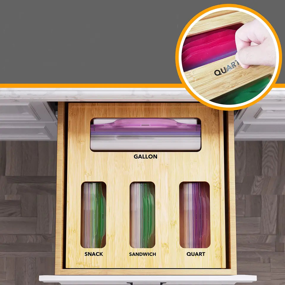 Bamboo Food Storage Bag Organizer – 4-Slot with Labels