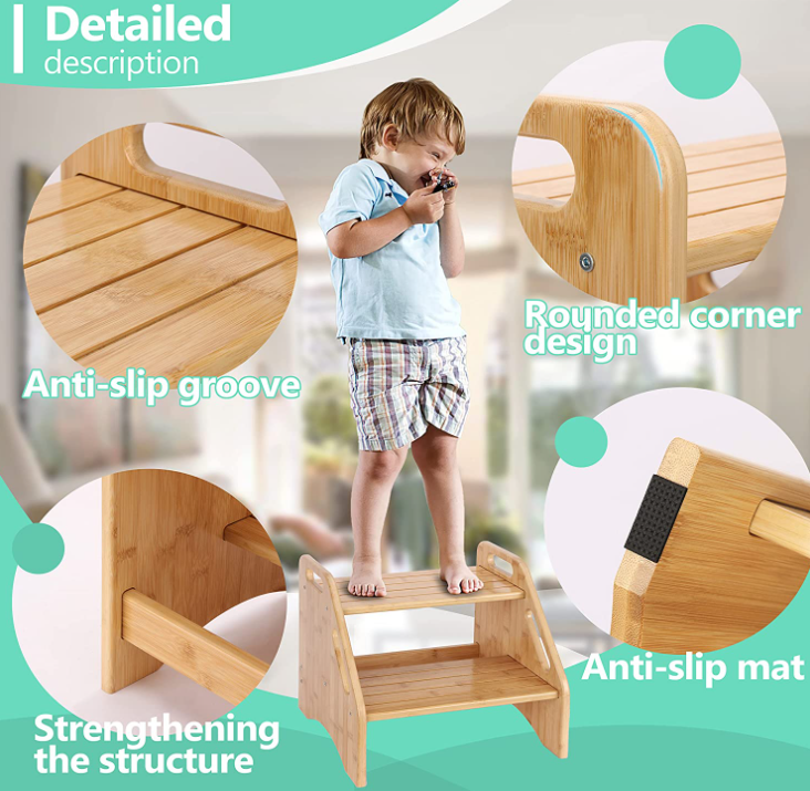 Bamboo Two-Step Stool for Kids – Dual Height Toddler Stool with Handles