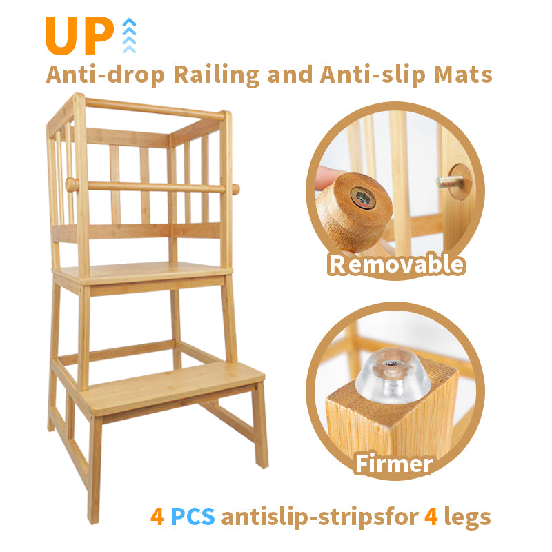 Bamboo Kids Kitchen Standing Tower with Safety Rails