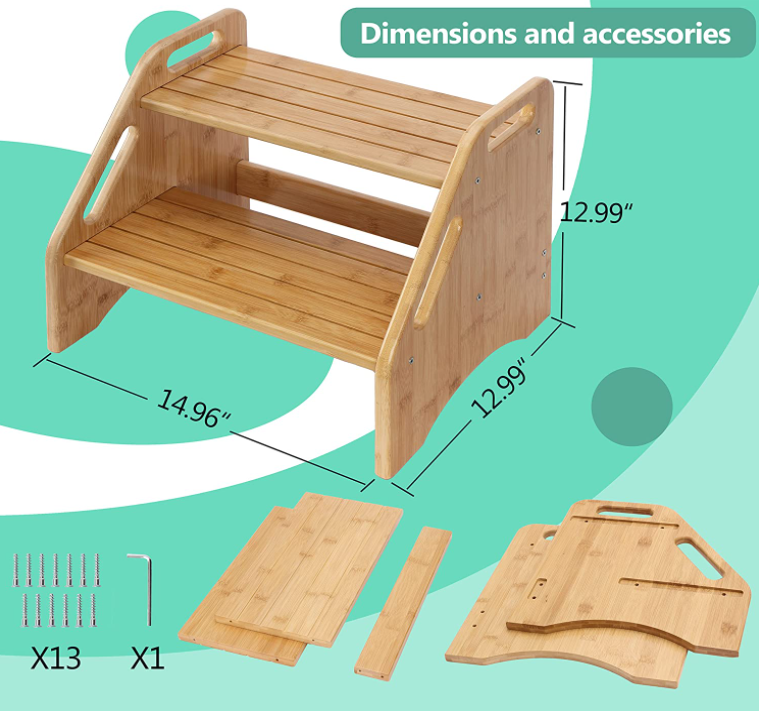 Bamboo Two-Step Stool for Kids – Dual Height Toddler Stool with Handles