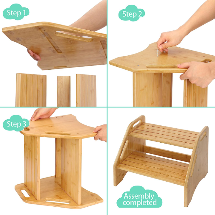 Bamboo Two-Step Stool for Kids – Dual Height Toddler Stool with Handles