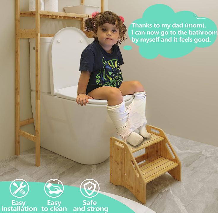 Bamboo Two-Step Stool for Kids – Dual Height Toddler Stool with Handles